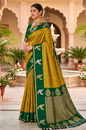 Mahendi color beautiful woven designer soft silk rich looks saree