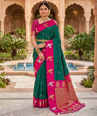 Green color beautiful woven designer soft silk rich looks saree 1