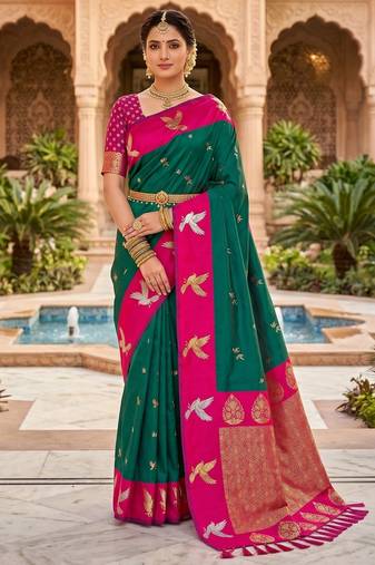 Green color beautiful woven designer soft silk rich looks saree