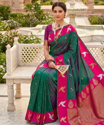 Green color beautiful woven designer soft silk rich looks saree 3