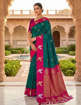 Green color beautiful woven designer soft silk rich looks saree 4