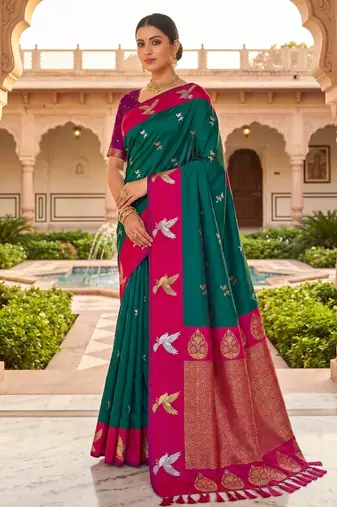 Green color beautiful woven designer soft silk rich looks saree