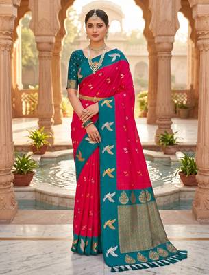 Pink color beautiful woven designer soft silk rich looks saree 1