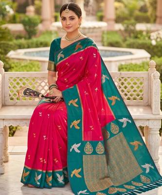 Pink color beautiful woven designer soft silk rich looks saree 3
