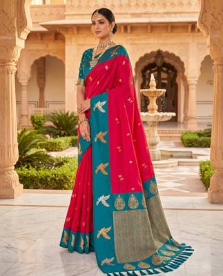Pink color beautiful woven designer soft silk rich looks saree 4