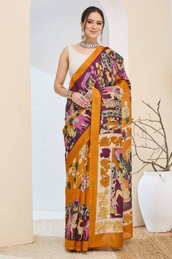 Beautiful silk blended orange color elegant ready to wear printed saree