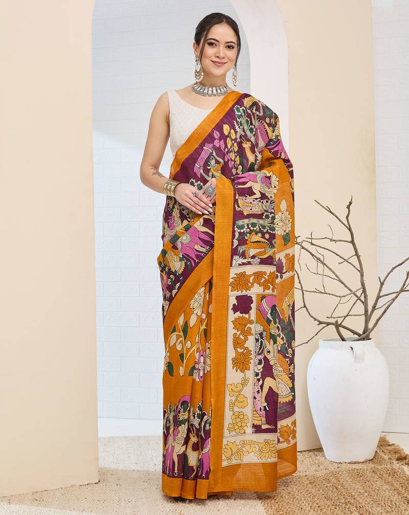 Beautiful silk blended orange color elegant ready to wear printed saree