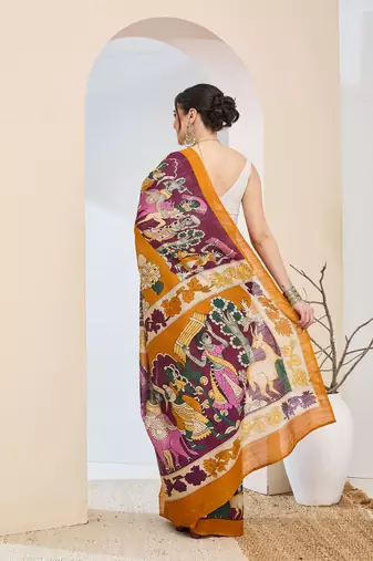 Beautiful silk blended orange color elegant ready to wear printed saree