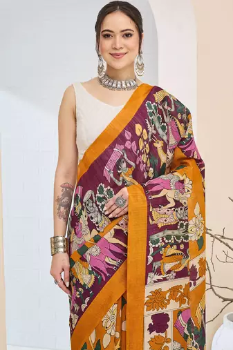 Beautiful silk blended orange color elegant ready to wear printed saree
