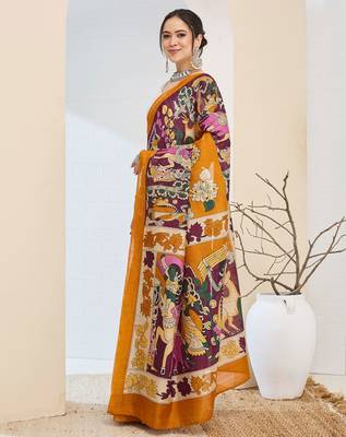 Beautiful silk blended orange color elegant ready to wear printed saree 4