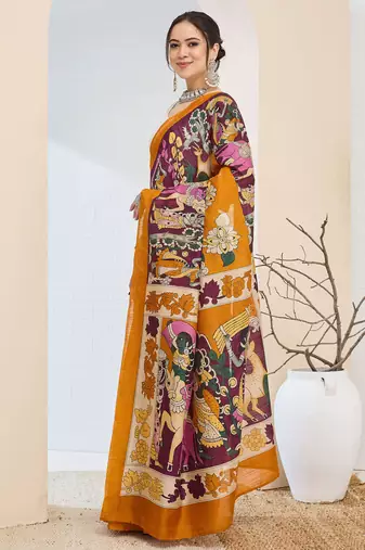 Beautiful silk blended orange color elegant ready to wear printed saree