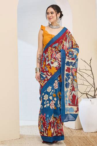 Beautiful silk blended blue color elegant ready to wear printed saree