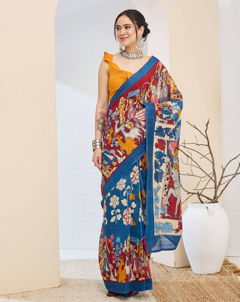 Beautiful silk blended blue color elegant ready to wear printed saree