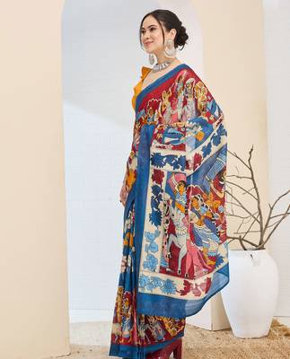 Beautiful silk blended blue color elegant ready to wear printed saree 4