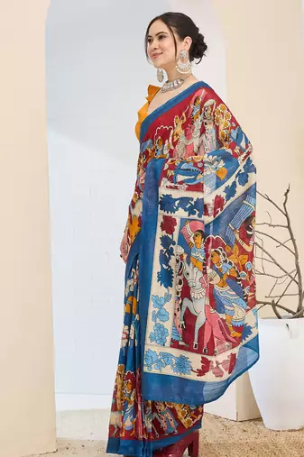 Beautiful silk blended blue color elegant ready to wear printed saree