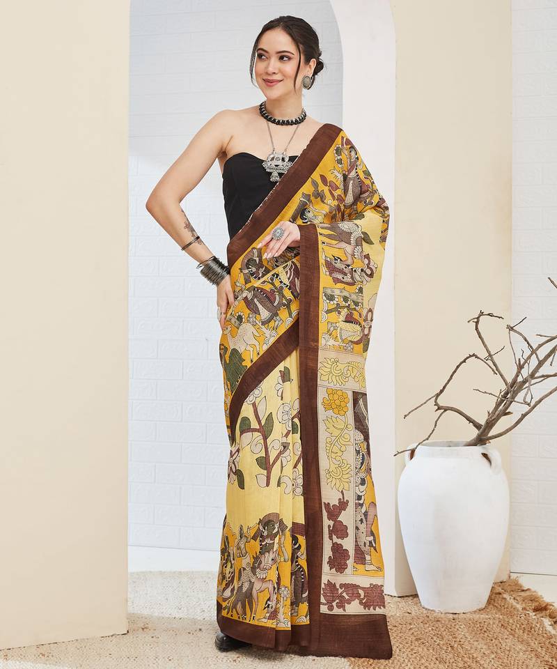 Beautiful silk blended brown color elegant ready to wear printed saree