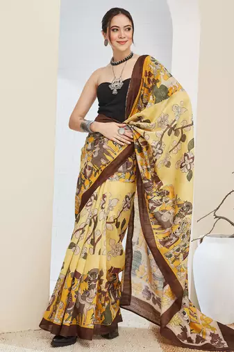 Beautiful silk blended brown color elegant ready to wear printed saree
