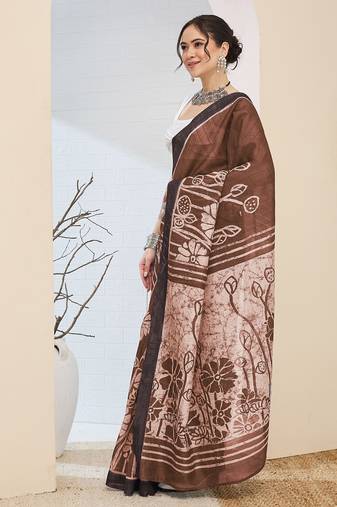 Beautiful silk blended brown color elegant ready to wear printed saree