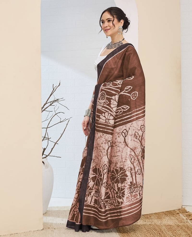 Beautiful silk blended brown color elegant ready to wear printed saree