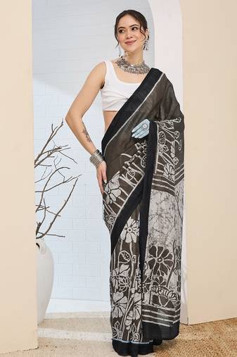 Beautiful silk blended black color elegant ready to wear printed saree