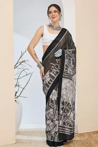 Beautiful silk blended black color elegant ready to wear printed saree