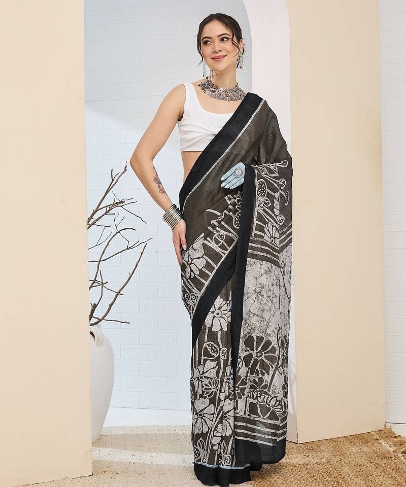 Beautiful silk blended black color elegant ready to wear printed saree