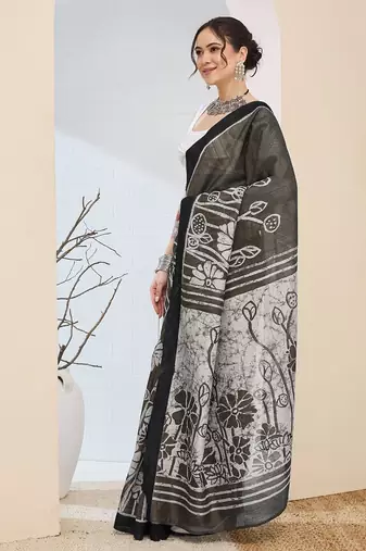 Beautiful silk blended black color elegant ready to wear printed saree