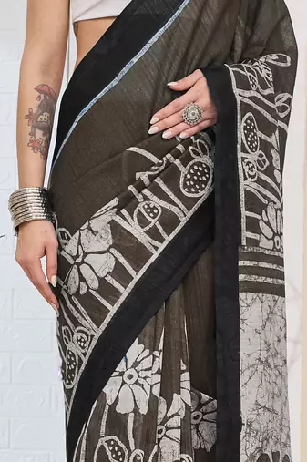 Beautiful silk blended black color elegant ready to wear printed saree