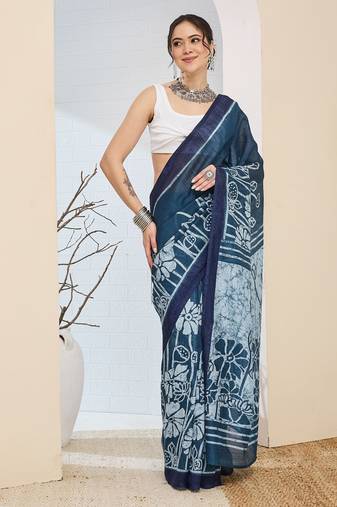 Beautiful silk blended blue color elegant ready to wear printed saree