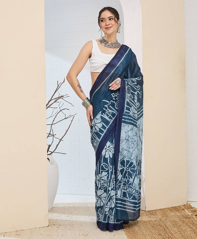 Beautiful silk blended blue color elegant ready to wear printed saree