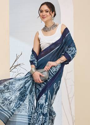 Beautiful silk blended blue color elegant ready to wear printed saree 3