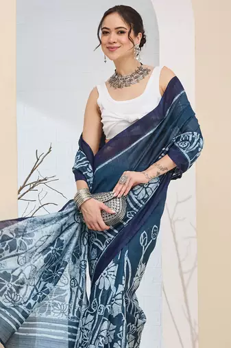Beautiful silk blended blue color elegant ready to wear printed saree