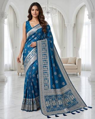 Blue color lichi silk fabric woven silver jari designer saree 1