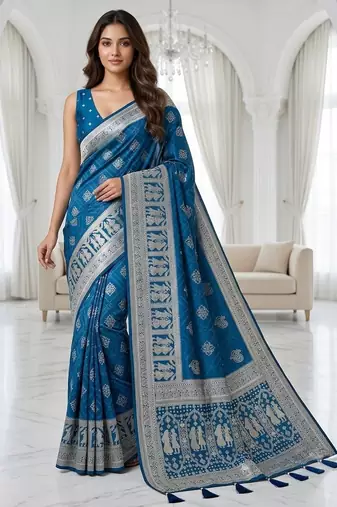 Blue color lichi silk fabric woven silver jari designer saree