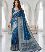 Blue color lichi silk fabric woven silver jari designer saree