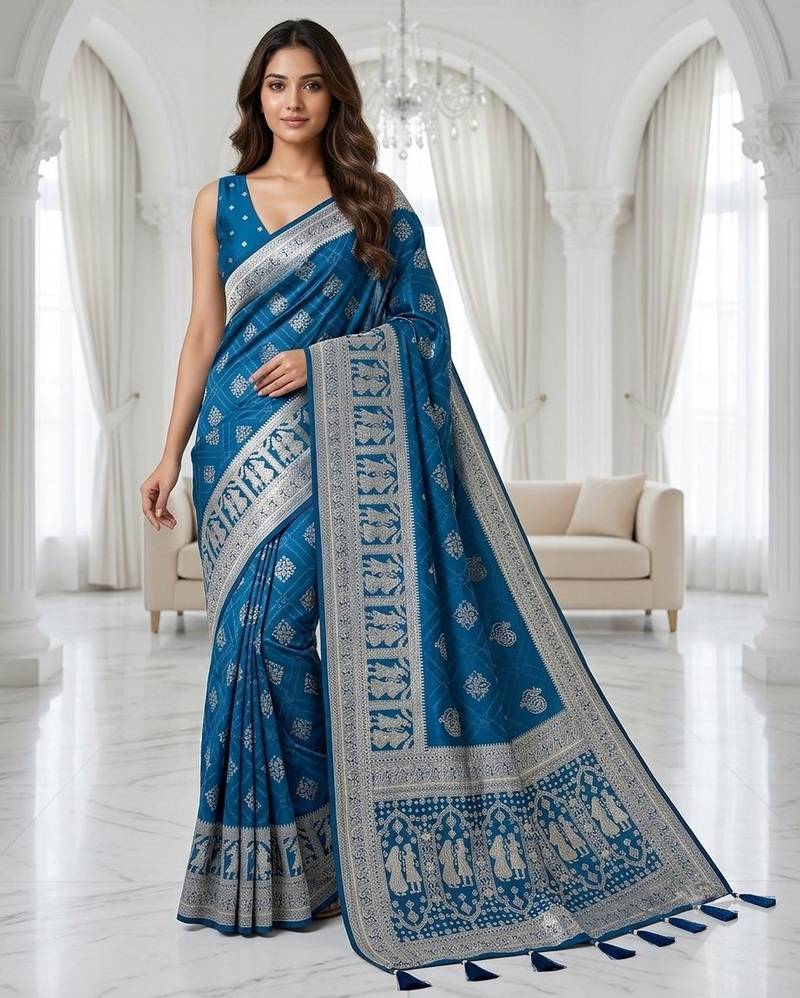 Blue color lichi silk fabric woven silver jari designer saree