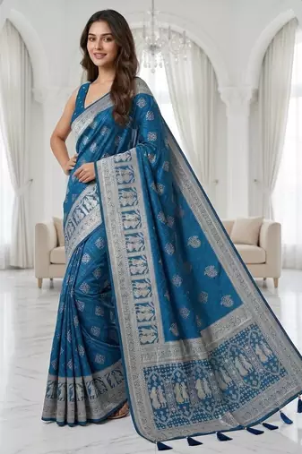 Blue color lichi silk fabric woven silver jari designer saree
