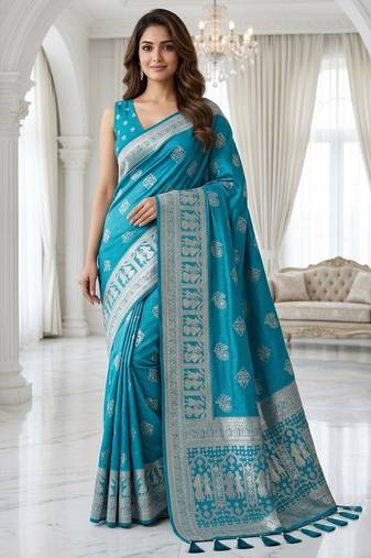 Teal color lichi silk fabric woven silver jari designer saree