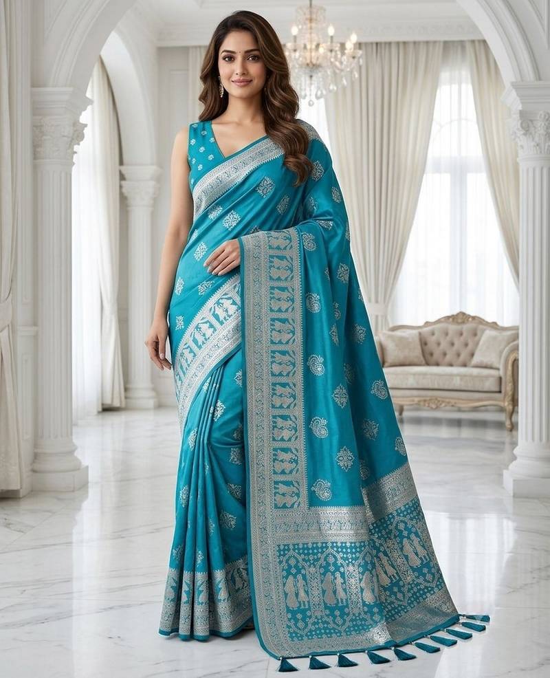 Teal color lichi silk fabric woven silver jari designer saree