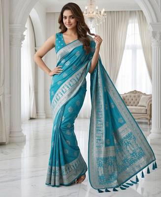 Teal color lichi silk fabric woven silver jari designer saree 2