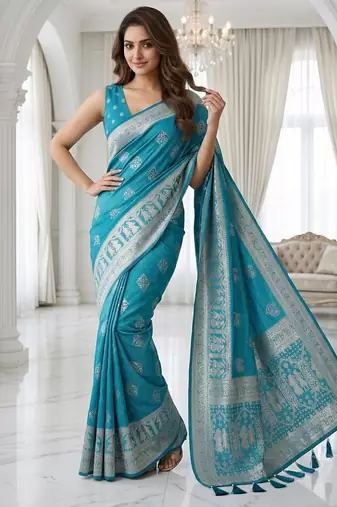 Teal color lichi silk fabric woven silver jari designer saree
