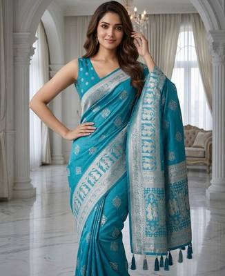 Teal color lichi silk fabric woven silver jari designer saree 3