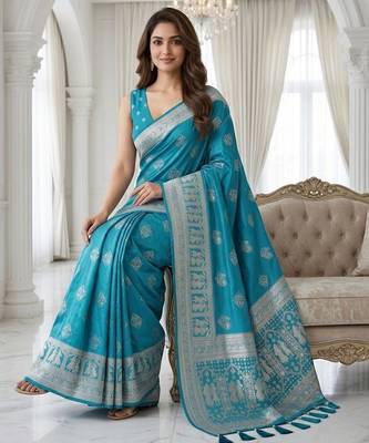 Teal color lichi silk fabric woven silver jari designer saree 4
