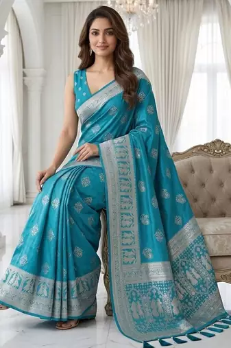 Teal color lichi silk fabric woven silver jari designer saree