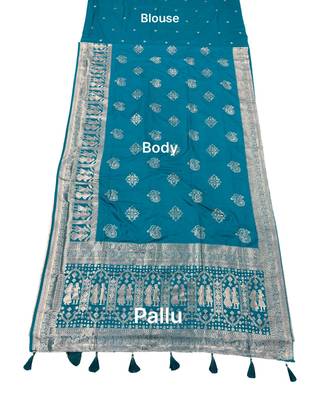 Teal color lichi silk fabric woven silver jari designer saree 5