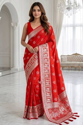 Red color lichi silk fabric woven silver jari designer saree
