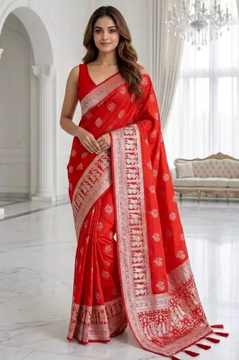 Red color lichi silk fabric woven silver jari designer saree