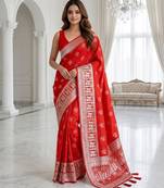 Red color lichi silk fabric woven silver jari designer saree