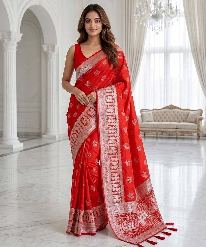 Red color lichi silk fabric woven silver jari designer saree