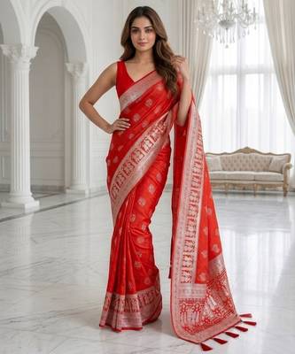 Red color lichi silk fabric woven silver jari designer saree 2